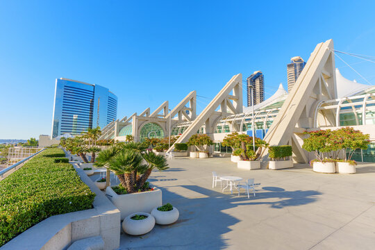 San Diego, California - December 30, 2025: San Diego Convention Center Architectural Grandeur and Rooftop Terrace