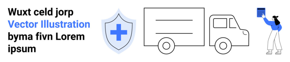 Obraz premium Healthcare logistics, medical services, secure delivery, protection, supply chain, health monitoring. A shield with a medical cross, truck icon and person holding a file. Healthcare logistics