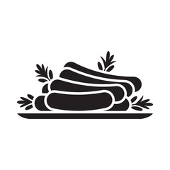 Black and white illustration of sausages on a platter with garnish