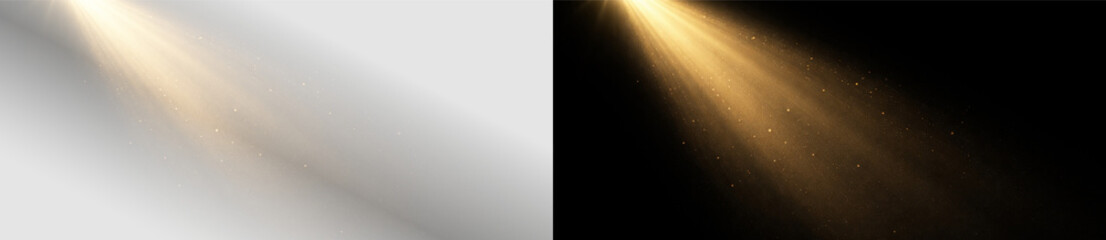 Golden light rays with glowing dust and radiant beam, luxury abstract sparkle atmosphere on transparent background © Victoria