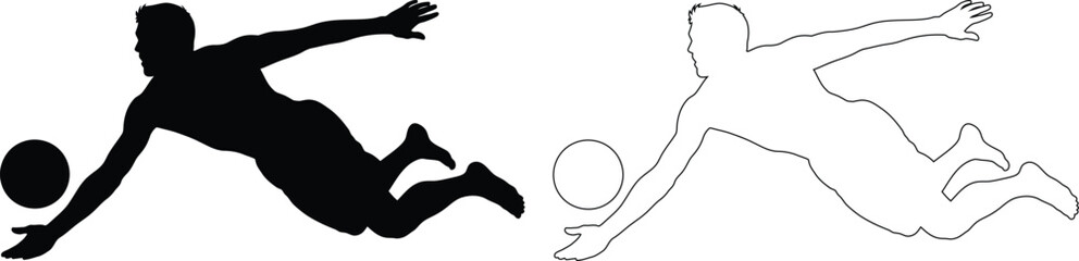 Fototapeta premium Dynamic soccer player diving to head the ball and a diver in mid-air action