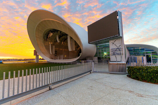 San Diego, California - December 30, 2025: Rady Shell Jacobs Park Modern Architecture Sunset