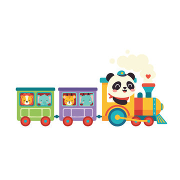 A cheerful panda drives a colorful cartoon train carrying happy animal passengers like a lion, elephant, giraffe, and rhinoceros, emitting heart-shaped smoke.