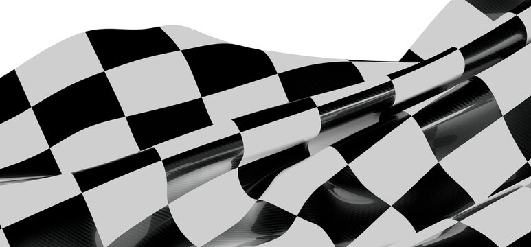 Dynamic image of a checkered flag waving gracefully, showcasing a modern carbon fiber texture. Perfect for themes of rac