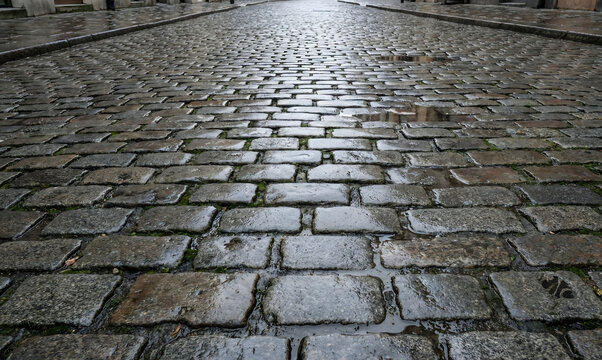 paved stone street, grey and wet