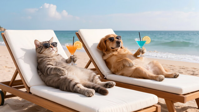 Funny cat and golden dog relaxing on beach loungers with cocktails and sunglasses by ocean. Humorous summer vacation concept.