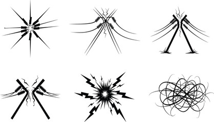 Set of black and white icons featuring electrical sparks, high voltage short circuits, tangled wires, and power line energy explosions
