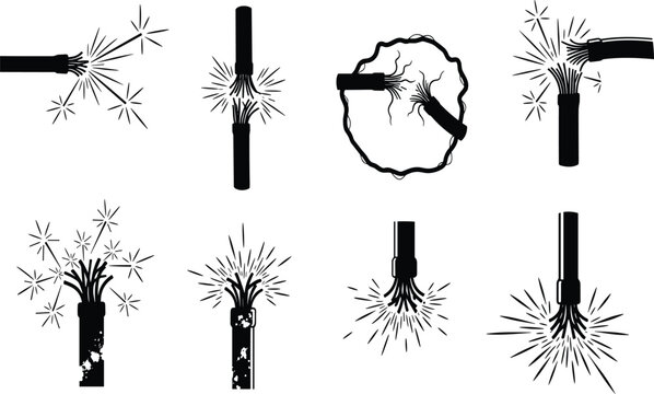 Set of black and white silhouette icons featuring frayed electrical cables, sparking wires, damaged power cords, and dangerous short circuits