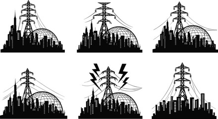 Fototapeta premium Set of black silhouette high voltage power transmission towers, electric pylons, industrial energy grid, and city skyline on white background