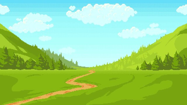 Pixel art green valley landscape with meadow, hills, forest and moving clouds in parallax style scene. Seamless animated background for games, motion graphics and digital environments.