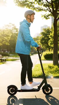 Rider Putting on Helmet Before Riding Electric Scooter for Safe Urban Micromobility Commute