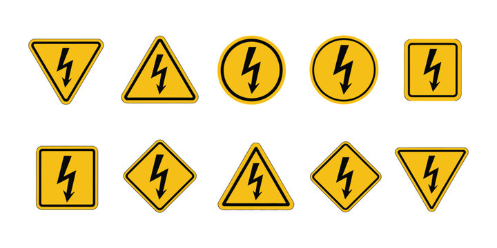High Voltage Electricity Danger Warning sign bundle, professional safety symbol pack featuring bold typography, triangular alert icons, electric shock risk notifications, workplace hazard information 