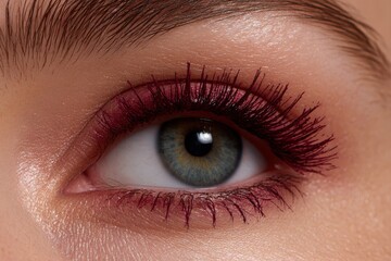 Fototapeta premium Hyperrealistic Image Eye Burgundy Mascara Visible Lashes Beauty Makeup Photography
