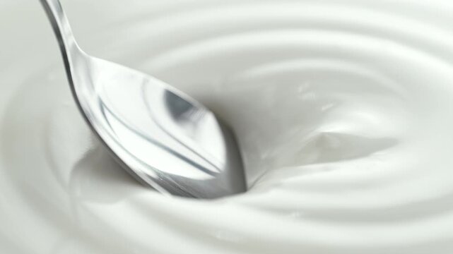 Plain Greek Yogurt Scooped with Silver Spoon from Bowl in Macro and Slow Motion