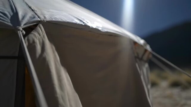 Slow motion close-up of thick canvas exterior fabric of a nomadic yurt structure gently rippling in the light breeze under bright moonlight at night canvas exterior fabric, rippling, circular