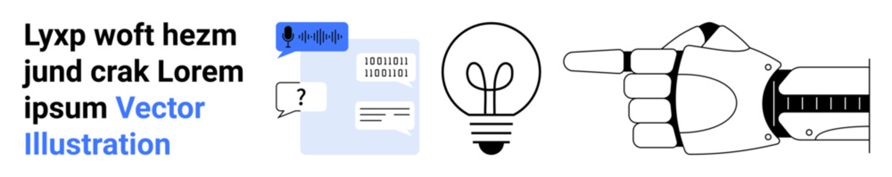 Artificial intelligence, innovation, communication, technology, problem-solving, futuristic tools. Robot hand pointing, light bulb speech bubbles and text. Artificial intelligence and innovation