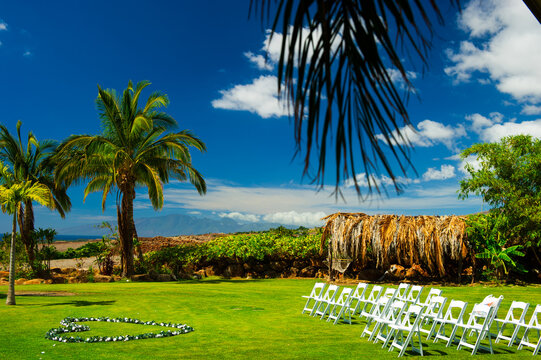 Poolside view with blue skies and palm trees in Lahaina, Maui, Hawaii, with white chairs arranged for a wedding in 2010