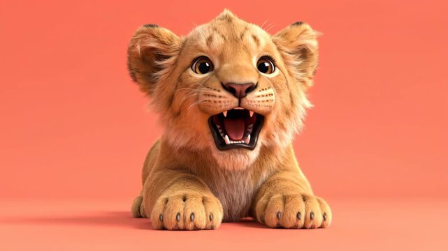 Adorable Cartoon Lion Cub With Open Mouth on Coral Background.