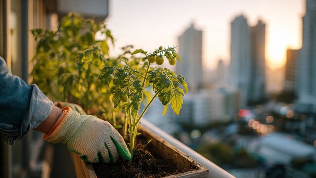Woman Gardening on Balcony with City Skyline at Sunset

