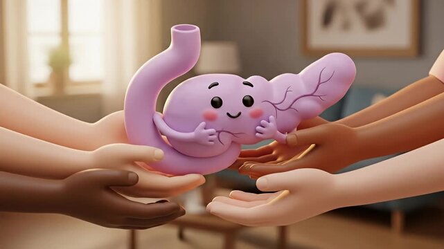 Cartoon pancreas held by diverse hands in a warm, homey, digitally created environment