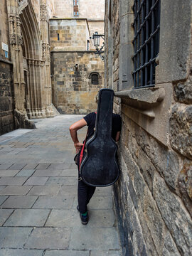 street Barcelona Spain busker with guitar.