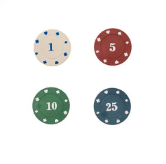 Casino chips isolated on white, top view