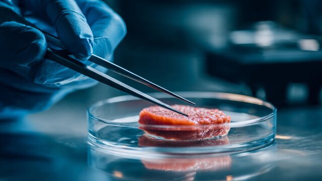 Lab Technician Examining Cultured Meat Sample

