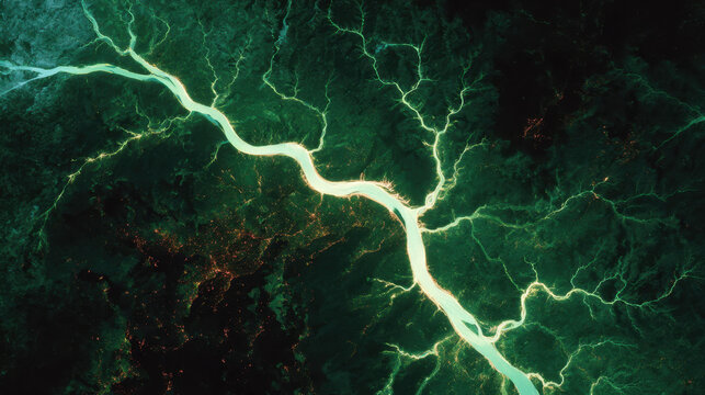 Satellite view of glowing green river network across dark landscape highlighting water resources and environmental connectivity concept