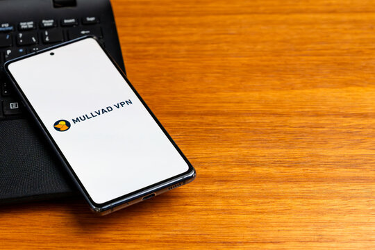 Punta Arenas, Chile &ndash; February 23, 2026: The Mullvad VPN logo with its distinct mole mascot displayed on a smartphone screen resting on a laptop keyboard