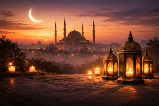Glowing Islamic Lanterns with Mosque and Crescent Moon at Ramadan Sunset