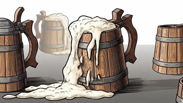 Illustration of wooden beer steins with foam cascading down, against a white background