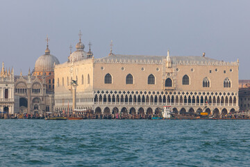 Venice, Italy - February 07, 2026: Grand historic architecture of Doge's Palace in Venice, Italy, with intricate details and waterfront view under clear sky © HelgaQ