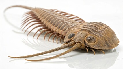 Obraz premium Photorealistic studio render of the bizarre extinct Cambrian creature Opabinia (Opabinia regalis) with five eyes and a clawed proboscis, isolated on a clean white background.