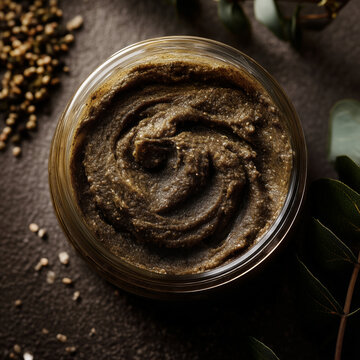 Macro shot of rich fermented miso paste texture in glass jar with earthy tones and soft light