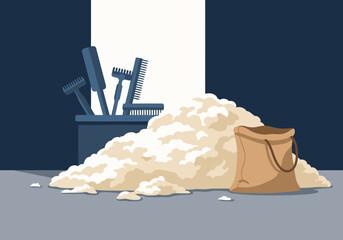 Raw wool fleece harvest displayed with combing tools. A large pile of wool sits against a dark backdrop, creating a dramatic visual. Ideal for textile, crafting, or industry themes. © Vector Factory