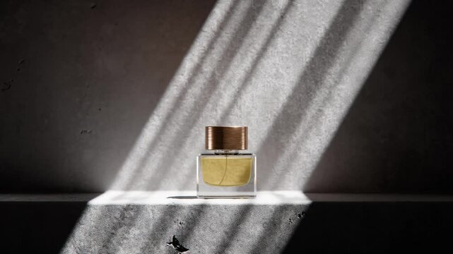 3D render of square perfume bottle with golden liquid and bronze cap on concrete surface. Perfect for product design, branding, advertising, and minimalist luxury visualization with dramatic lighting.