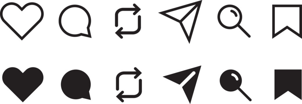 New update Instagram icon set. symbols including home, like, comment, search, user, repost, share, social media interface, flat vector illustration