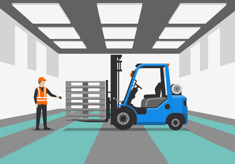 Warehouse spotter guides a forklift with a heavy load. Clear, professional illustration showcasing logistics and safety. Modern, bright, and detailed. © Vector Factory