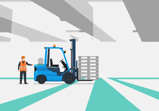 Warehouse spotter guides a forklift with a heavy load. Clear, professional illustration showcasing safety and logistics. Modern, graphic style.