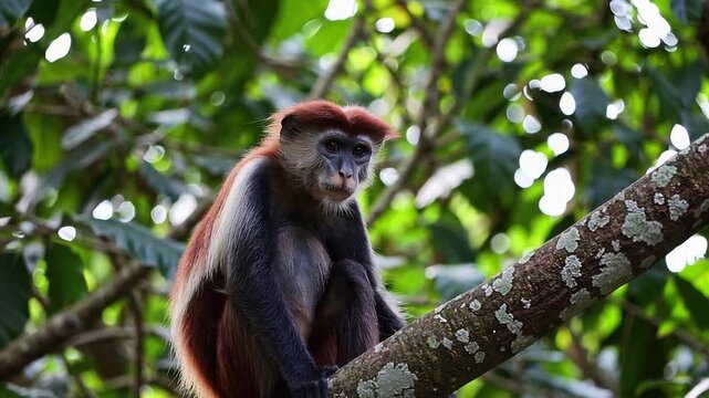 A red colobus monkey with distinctive fur and a thoughtful expression sits perched on a branch in a lush tropical forest. The natural bokeh background emphasizes the primate in its wild habitat.