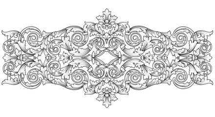 Fototapeta premium Elaborate black and white vintage decorative banner with swirling acanthus leaves and floral elements, perfect for elegant borders and graphic design.