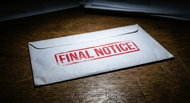 White Envelope with Red Final Notice Stamp on Wooden Desk Surface