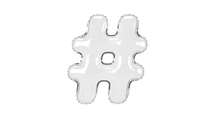 Obraz premium Metallic silver hashtag symbol balloon, isolated on a clean white background, ideal for social media campaigns and online trends.