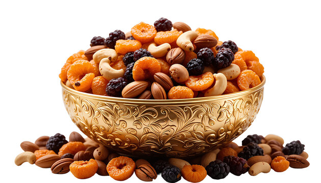 Luxury Golden Bowl of Mixed Dried Fruits and Nuts for Ramadan and Eid Celebration isolated on transparent background