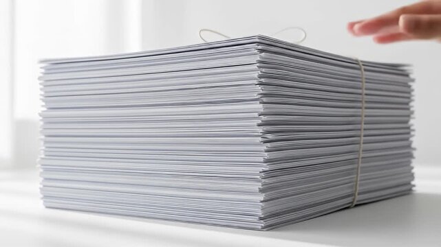Large stack of white paper bound with a simple brown string, on a bright white surface