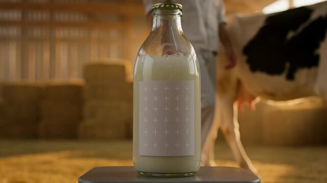 Milk Bottle Label Mockup with Tracking Markers on Dairy Farm, Farmer and Cow Blurred Background
