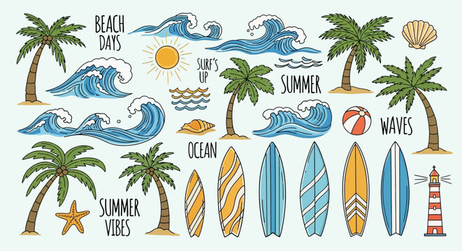 Vibrant Summer Beach and Ocean Elements Set Illustration on Light Blue Background