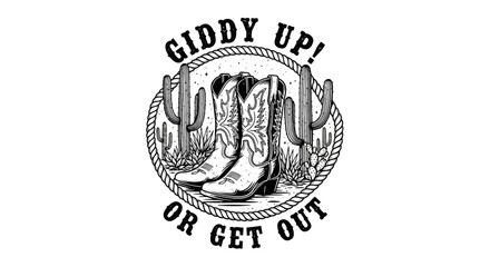 Fototapeta premium Vintage Cowboy Boots Illustration with Cactus Rope Frame and Giddy Up Or Get Out Text on Isolated White Background