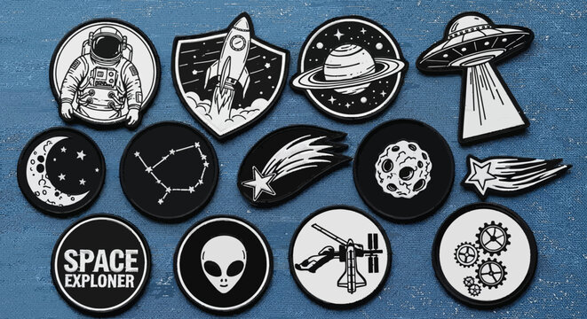 Flat Lay Collection of Space Exploration Patches and Badges on Textured Blue Background