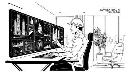 Architect Working with Futuristic Holographic Interface in Modern Home Office, Contextual AI Technology